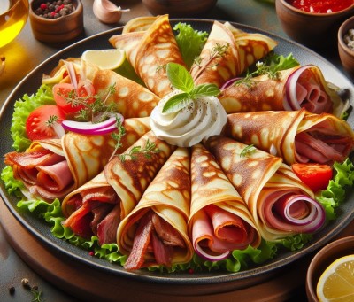 Distintas variedades de Crepes salados con salsa en el centro.